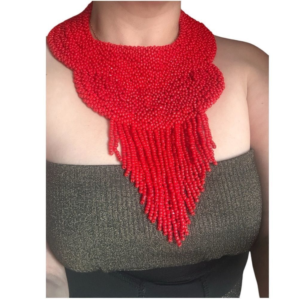 Bold Red Beaded Statement Necklace Glamorous & Un… - image 1